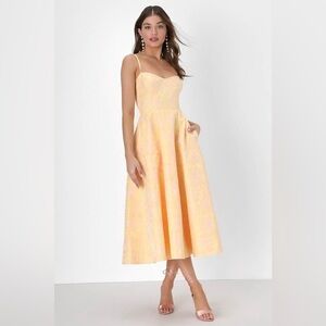 NWT Lulus Meet for Tea Yellow Jacquard Bustier Midi Dress with Pockets, Large